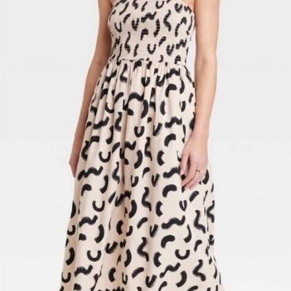 A New Day- Cream Strapless Midi Dress with Black Abstract Spots - Picture 2 of 4